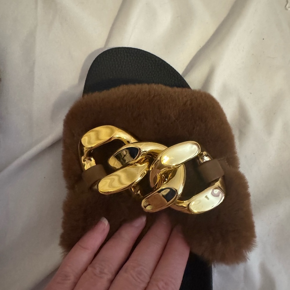INC Brown Fur Slippers with Gold Chain - Picture 3 of 3